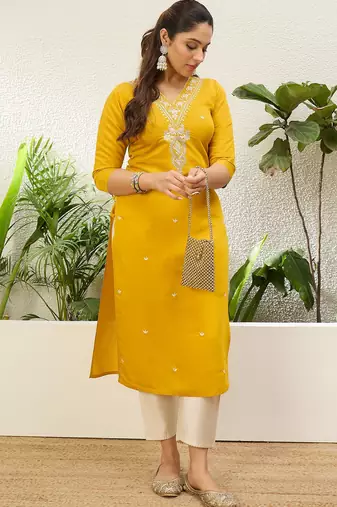 Yellow color silk blend embroidery long kurta
