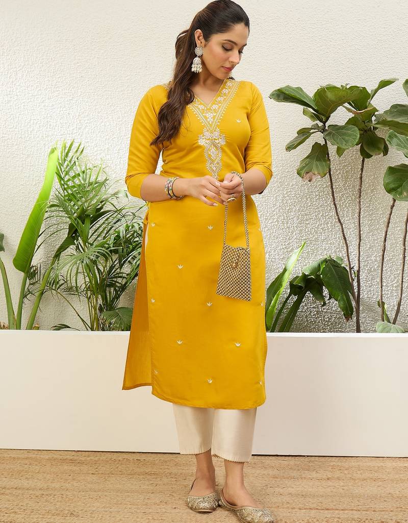 Yellow color silk blend embroidery long kurta
