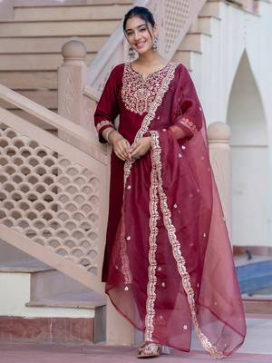 maroon fancy silk blend kurta set 1