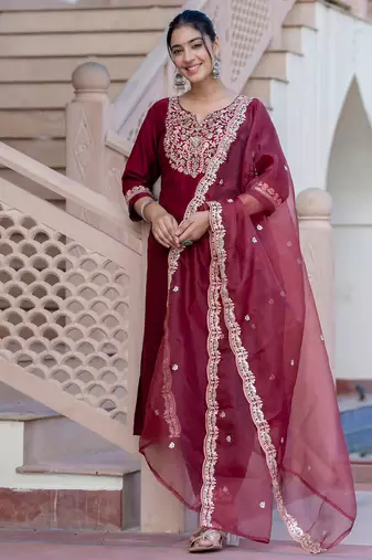 maroon fancy silk blend kurta set
