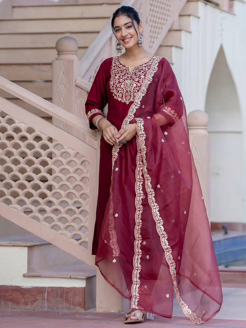 maroon fancy silk blend kurta set