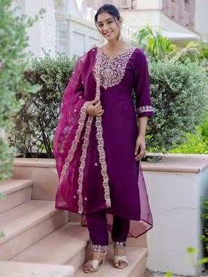 purple fancy silk blend kurta set 1