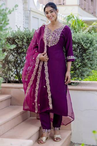 purple fancy silk blend kurta set
