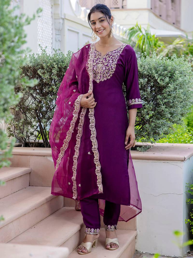 purple fancy silk blend kurta set