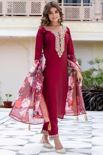 Maroon silk blend designer festive wear readymade suit