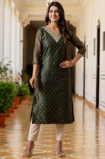 green fancy silk blend kurta set