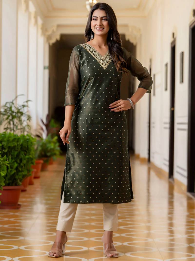 green fancy silk blend kurta set