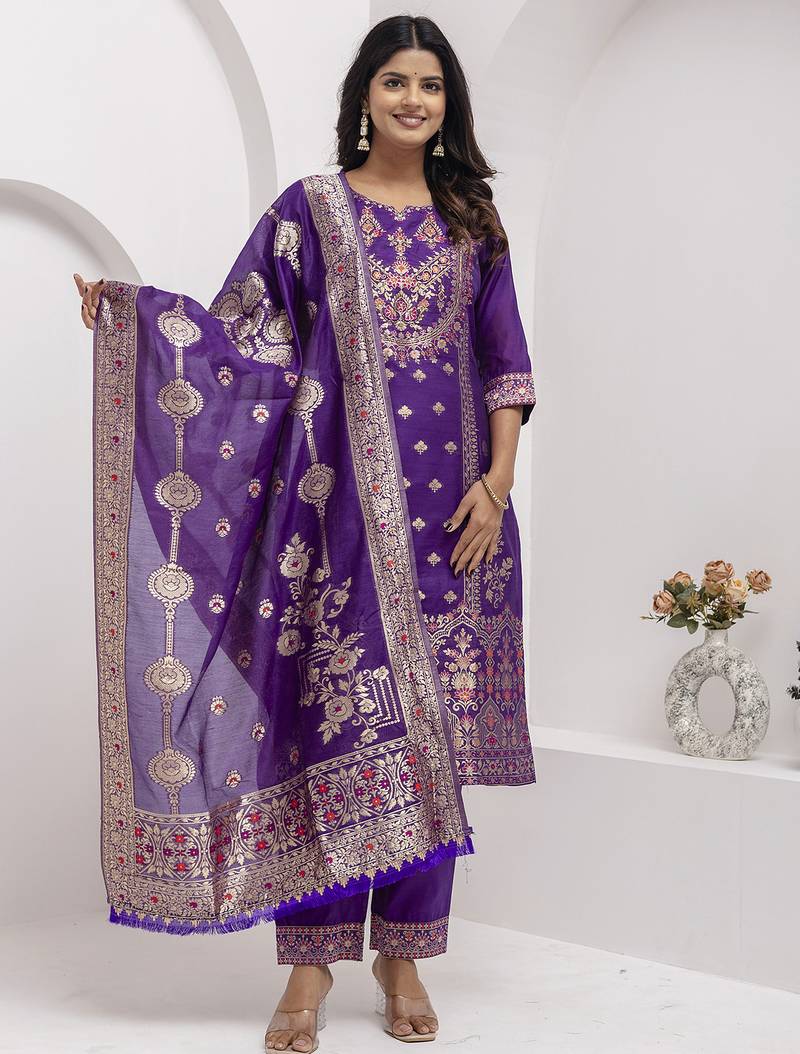 purple fancy jacquard kurta set