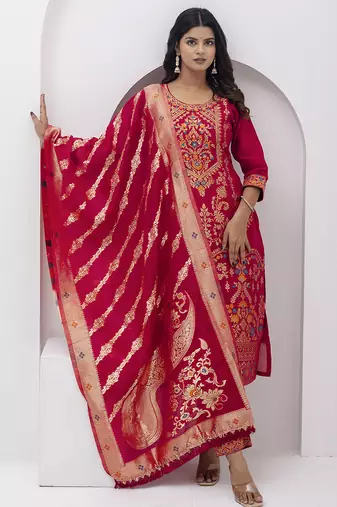 red fancy jacquard kurta set