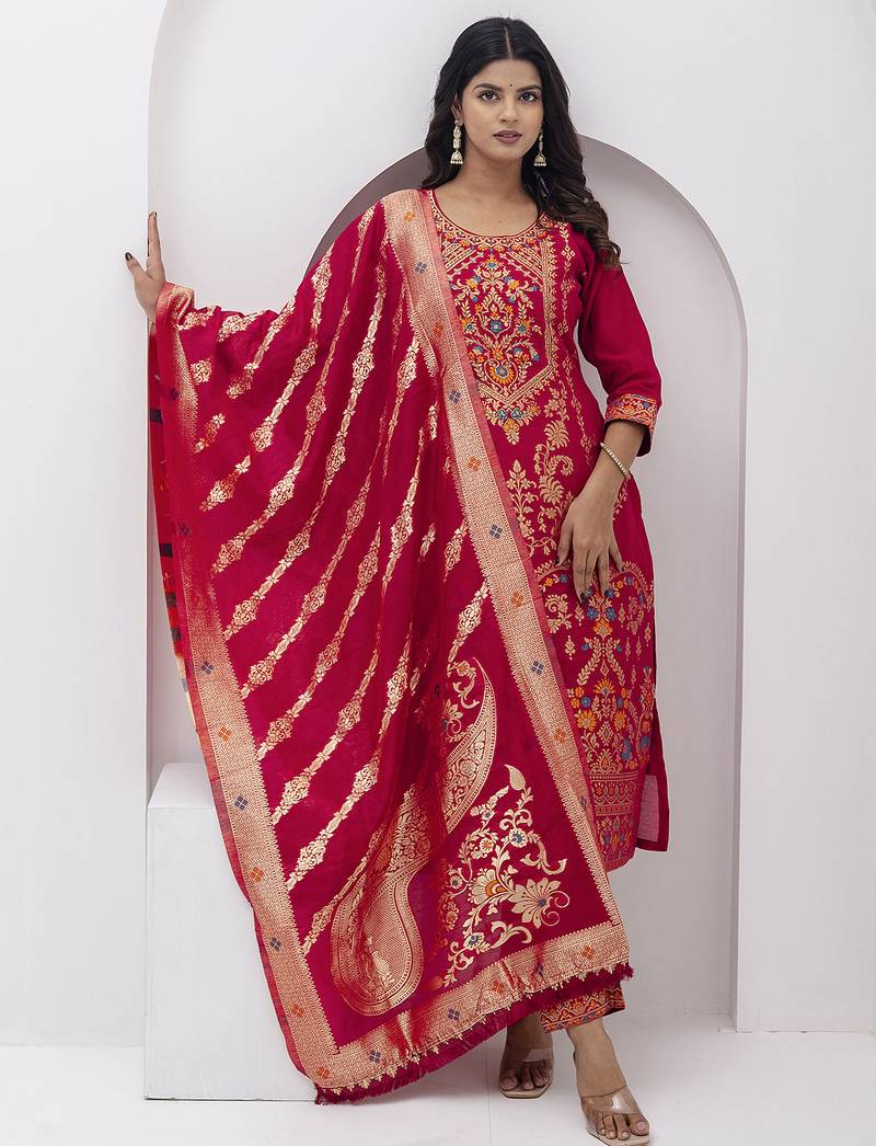 red fancy jacquard kurta set