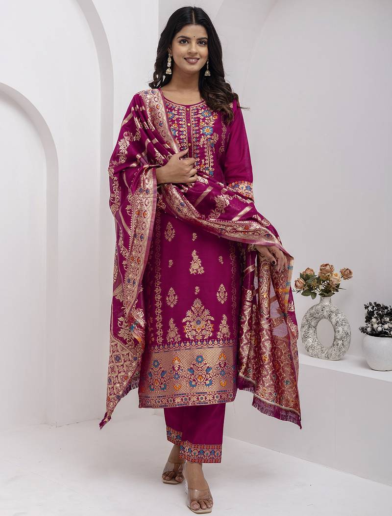 pink fancy jacquard kurta set