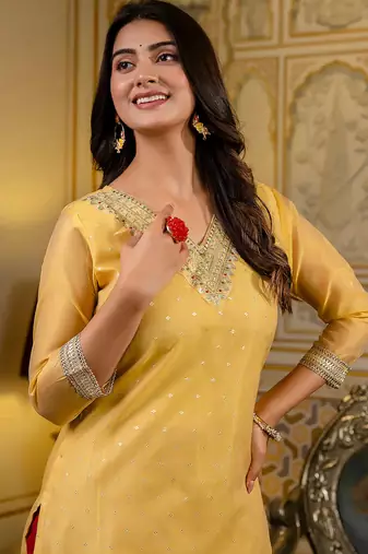 yellow fancy silk blend long kurti