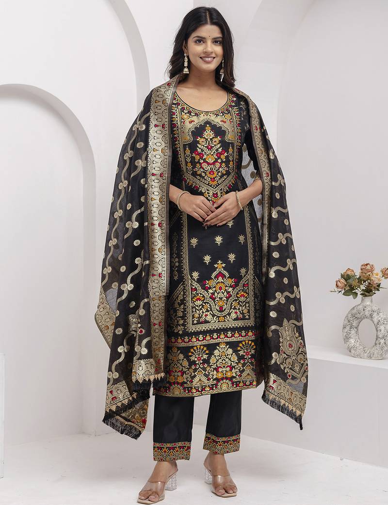 black fancy jacquard kurta set