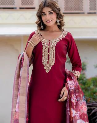 Maroon silk blend designer festive wear readymade suit 3