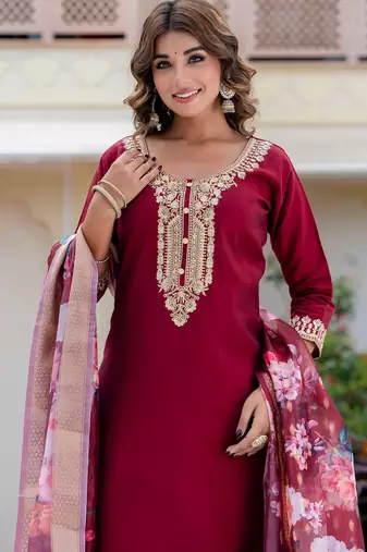 Maroon silk blend designer festive wear readymade suit