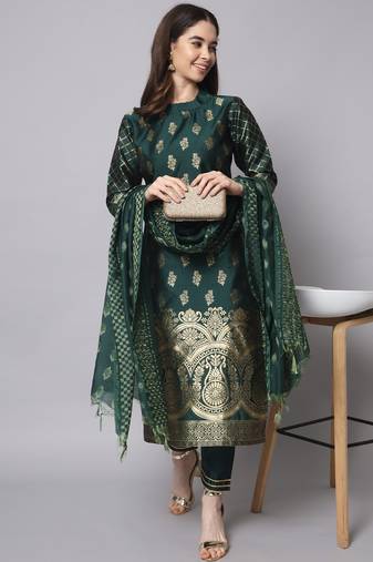 green fancy cotton silk kurta set