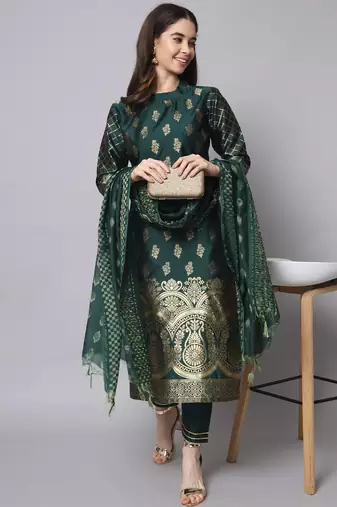 green fancy cotton silk kurta set