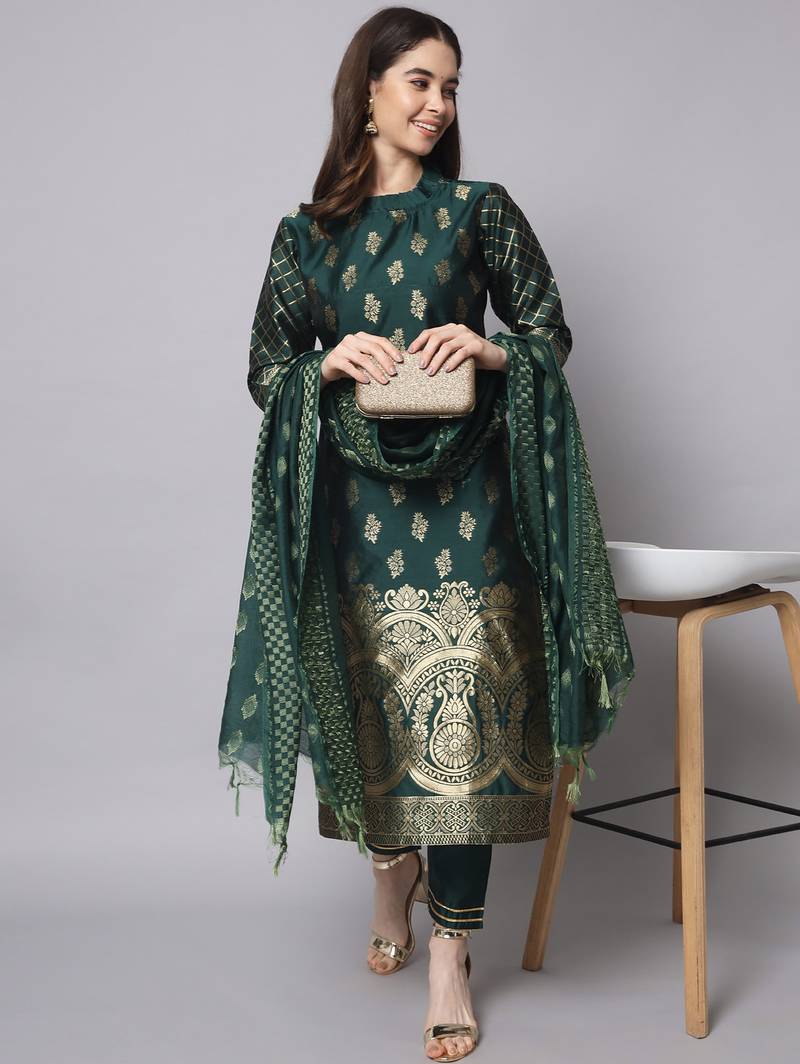 green fancy cotton silk kurta set