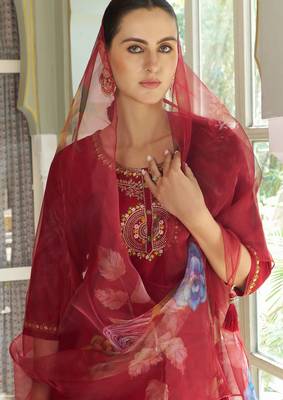 maroon fancy cotton silk kurta set 4