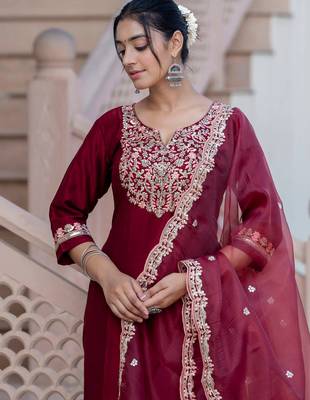 maroon fancy silk blend kurta set 2