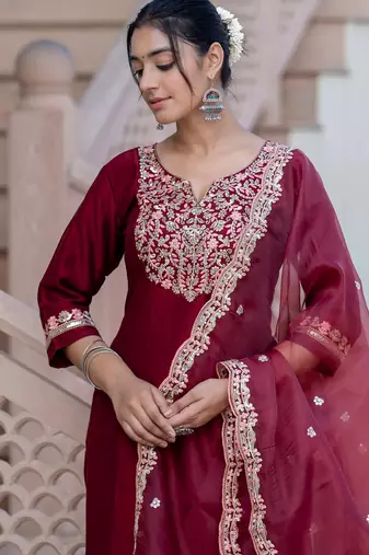 maroon fancy silk blend kurta set