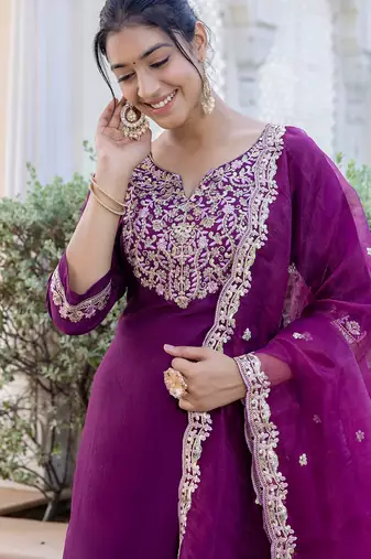 purple fancy silk blend kurta set