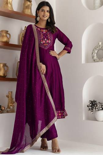 purple fancy silk kurta set