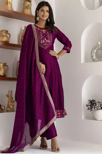 purple fancy silk kurta set