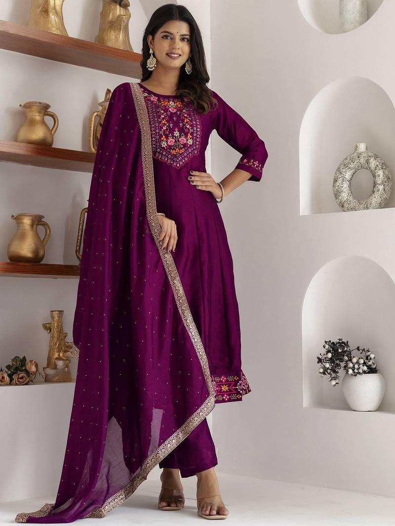 purple fancy silk kurta set
