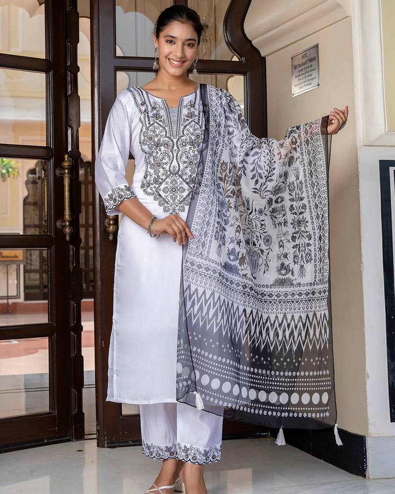 white fancy silk blend kurta set