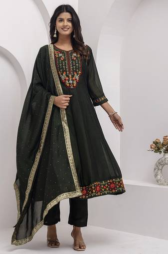 green fancy silk kurta set