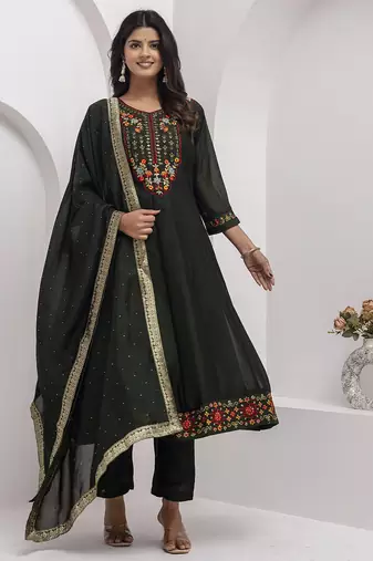 green fancy silk kurta set