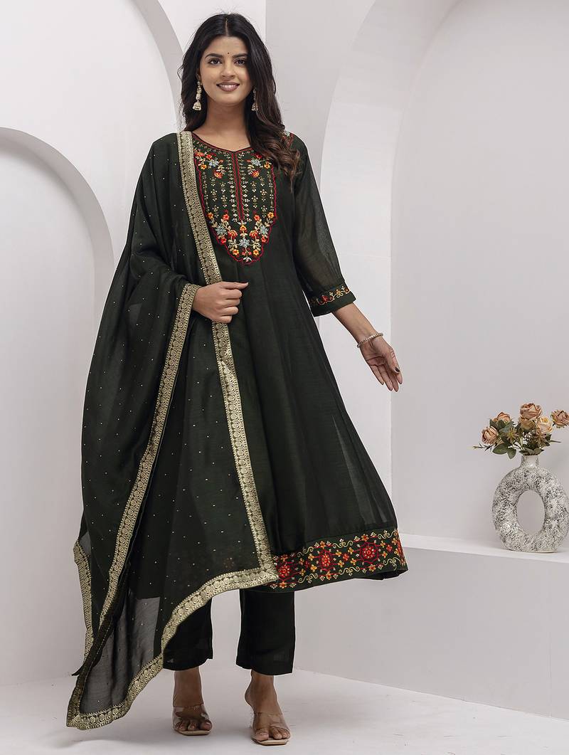 green fancy silk kurta set