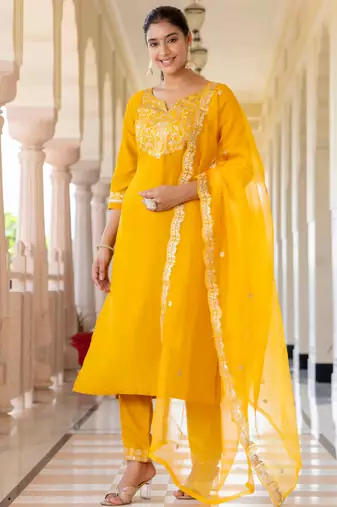 yellow fancy silk blend kurta set