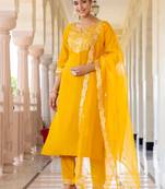 yellow fancy silk blend kurta set