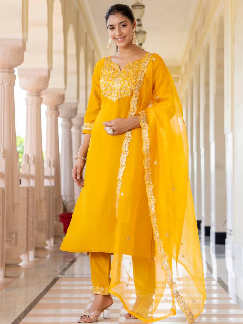 yellow fancy silk blend kurta set