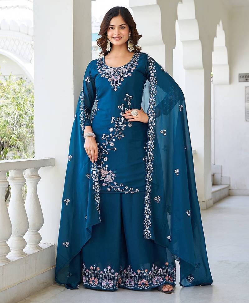 teal fancy georgette kurta set