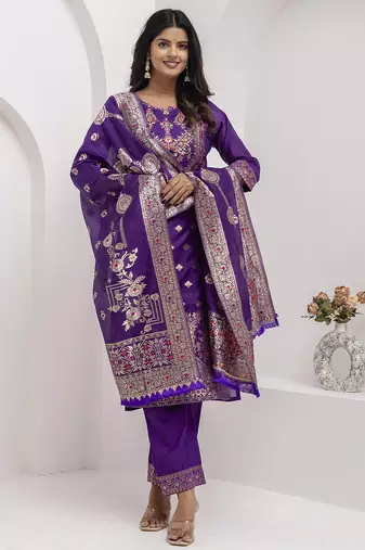 purple fancy jacquard kurta set