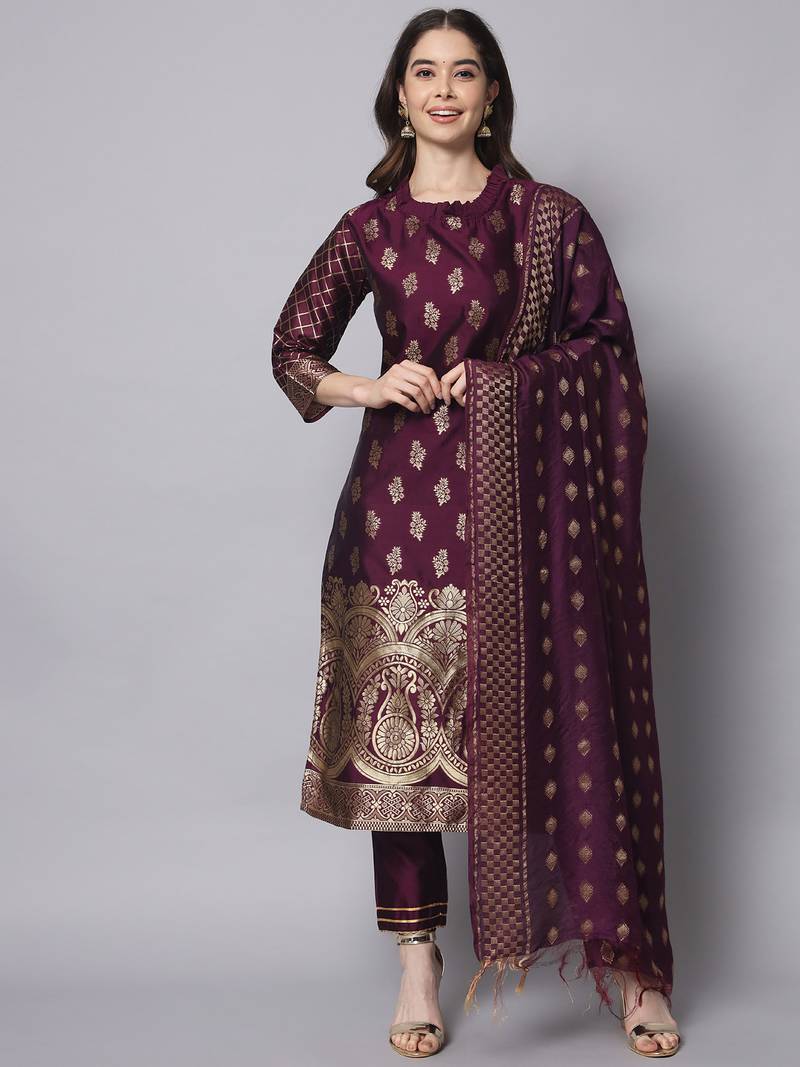 wine fancy cotton silk kurta set