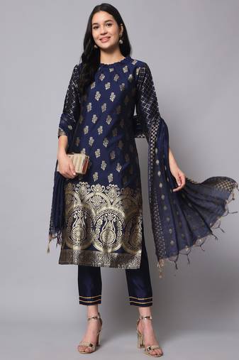 navy-blue fancy cotton silk kurta set