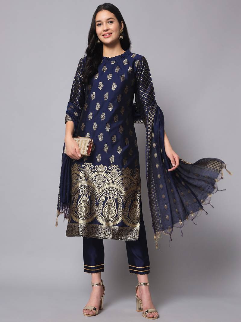 navy-blue fancy cotton silk kurta set