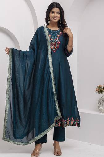 teal fancy silk kurta set