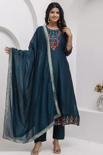 teal fancy silk kurta set