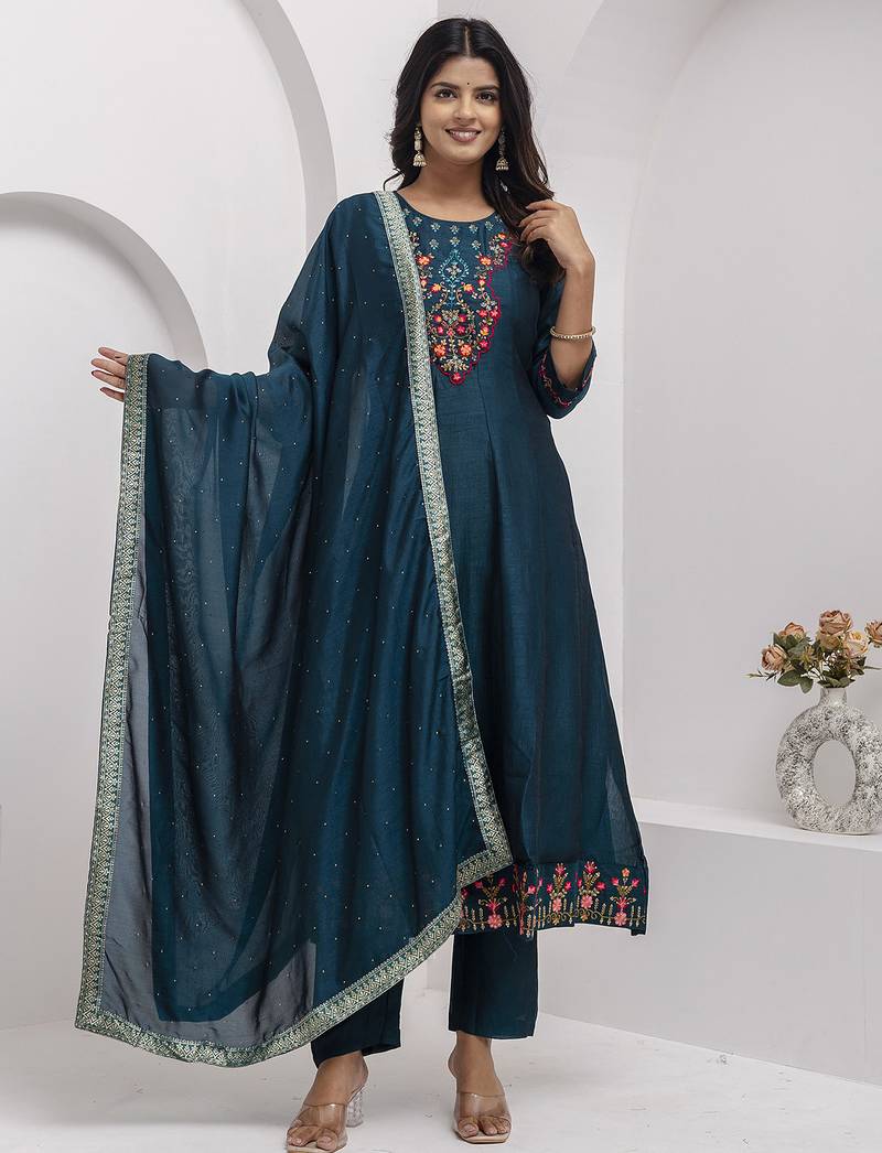 teal fancy silk kurta set