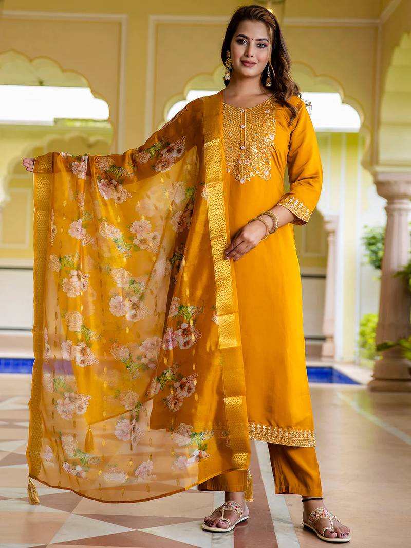 mustard fancy viscose rayon kurta set