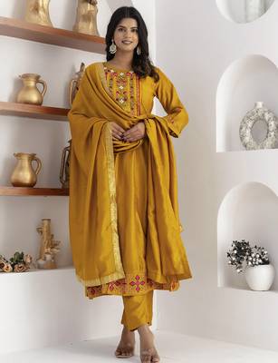 yellow fancy silk kurta set 1