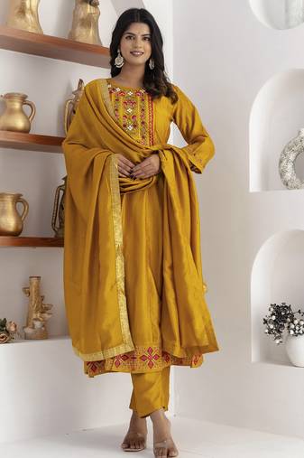 yellow fancy silk kurta set