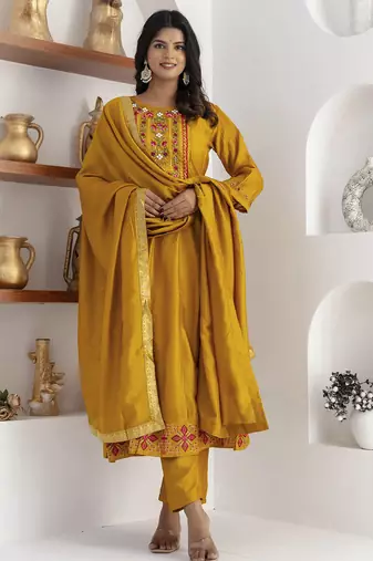 yellow fancy silk kurta set