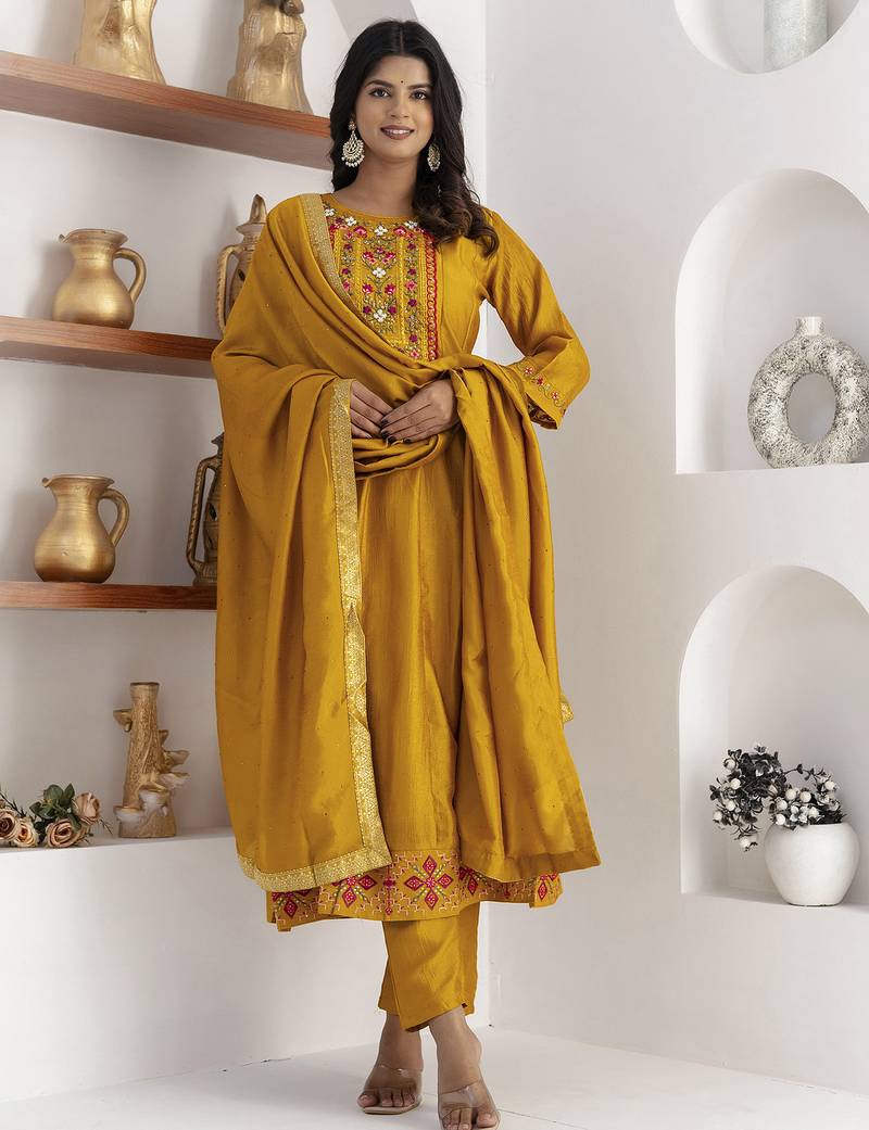 yellow fancy silk kurta set