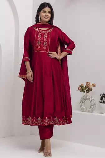 red fancy silk kurta set